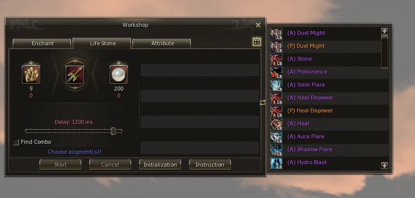 Skill list opened to the right of the Workshop window