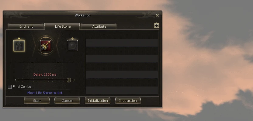 Weapon placed in the centre slot and the message asking for the Life Stone