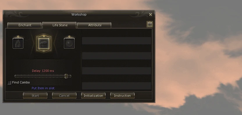 Workshop window, Life Stone tab, with the three empty slots