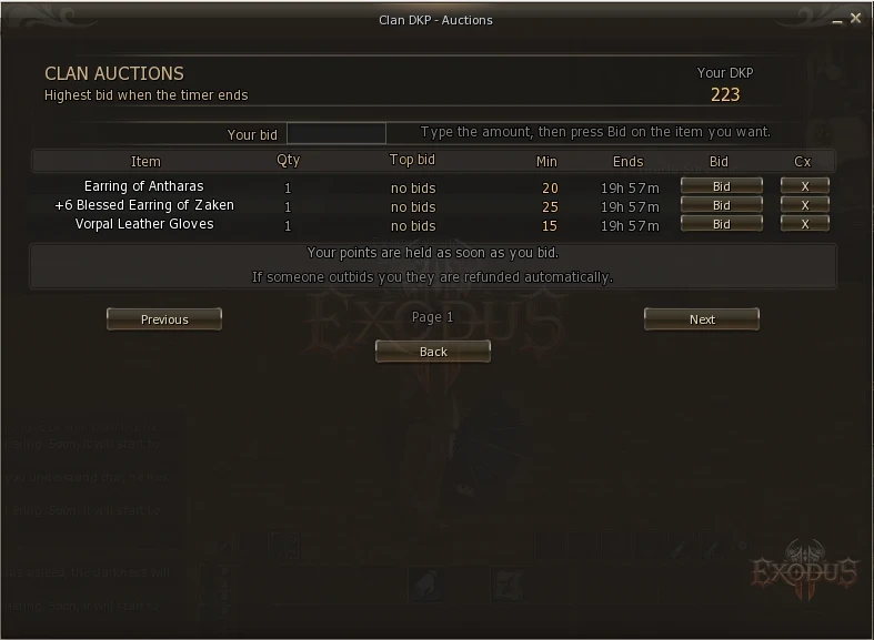 Auctions screen