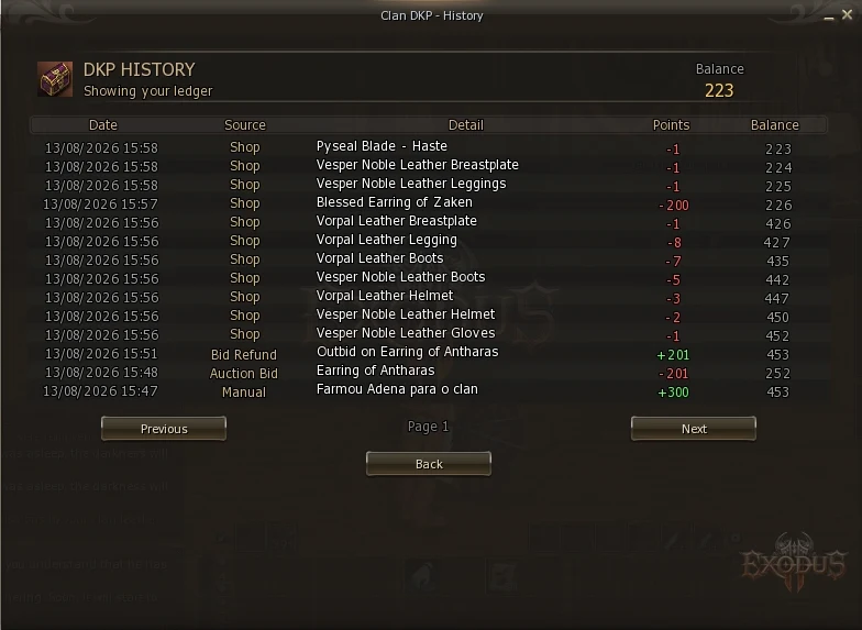 DKP history screen