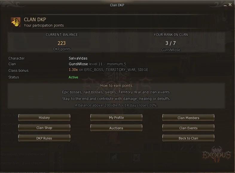 DKP main screen as seen by a member