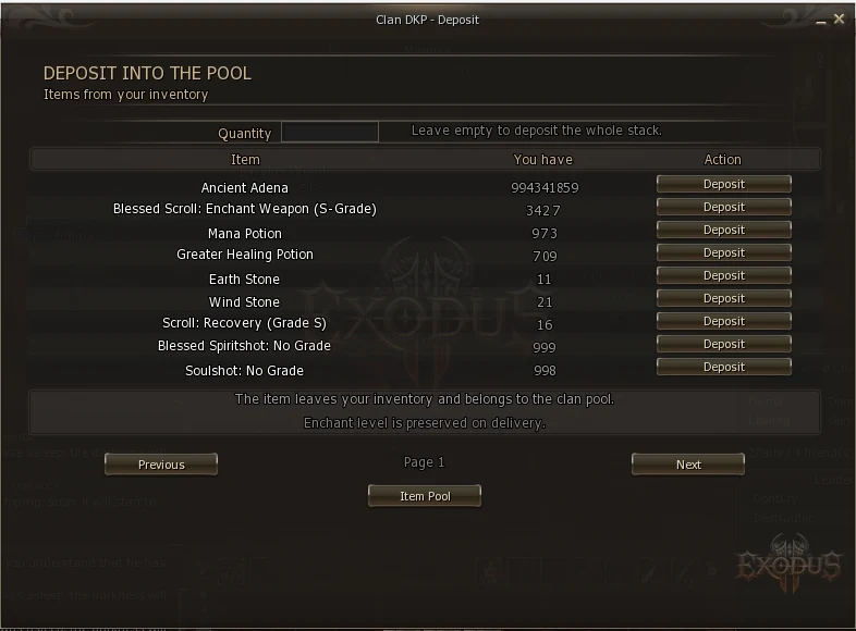 Item deposit screen