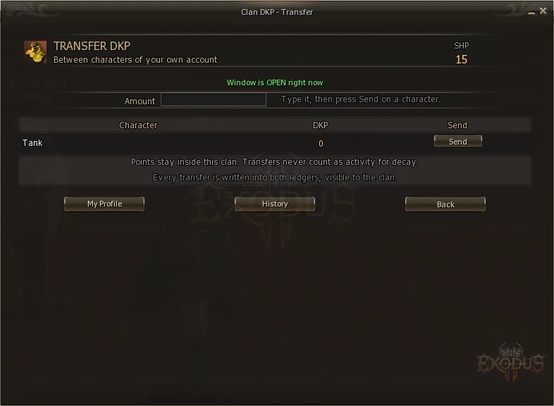 DKP transfer screen