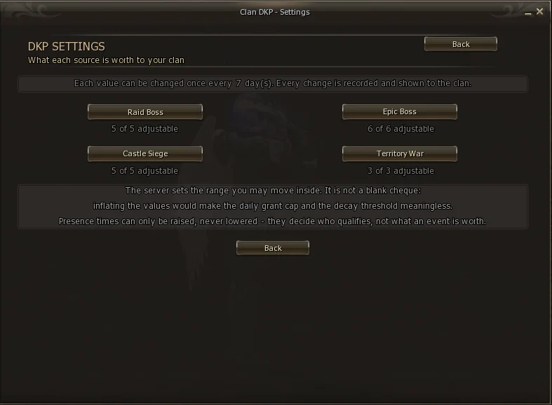 Point value settings screen