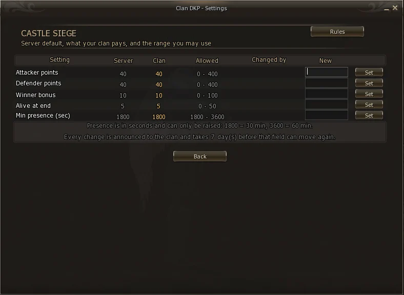 Castle siege settings