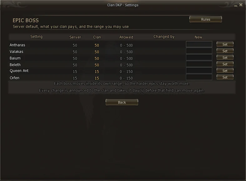 Epic boss settings