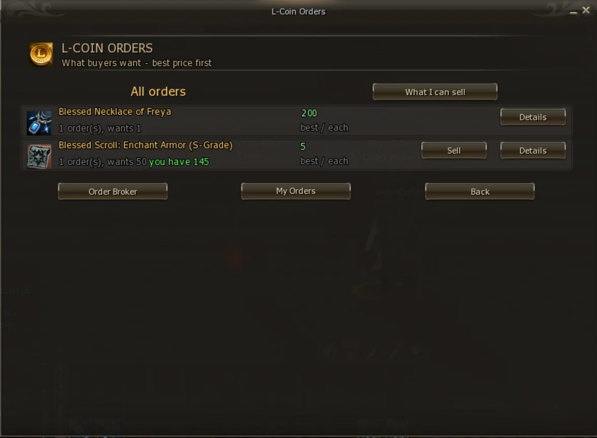 L-Coin market order list with the Sell and Details buttons