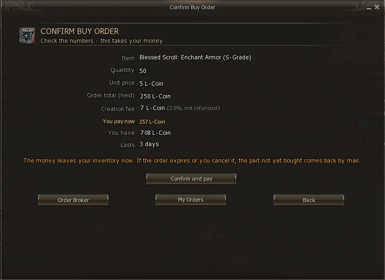 Confirmation screen with the held total, the fee and what you pay now