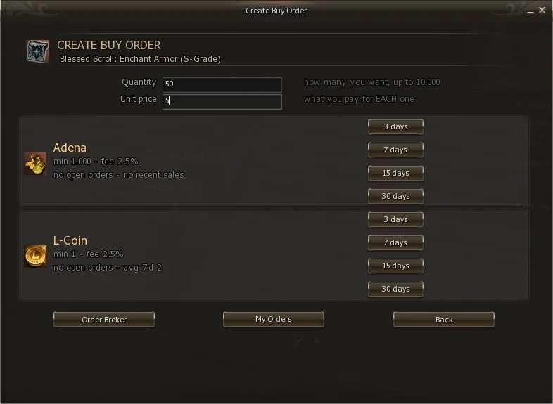 Creation form with quantity, unit price and the markets