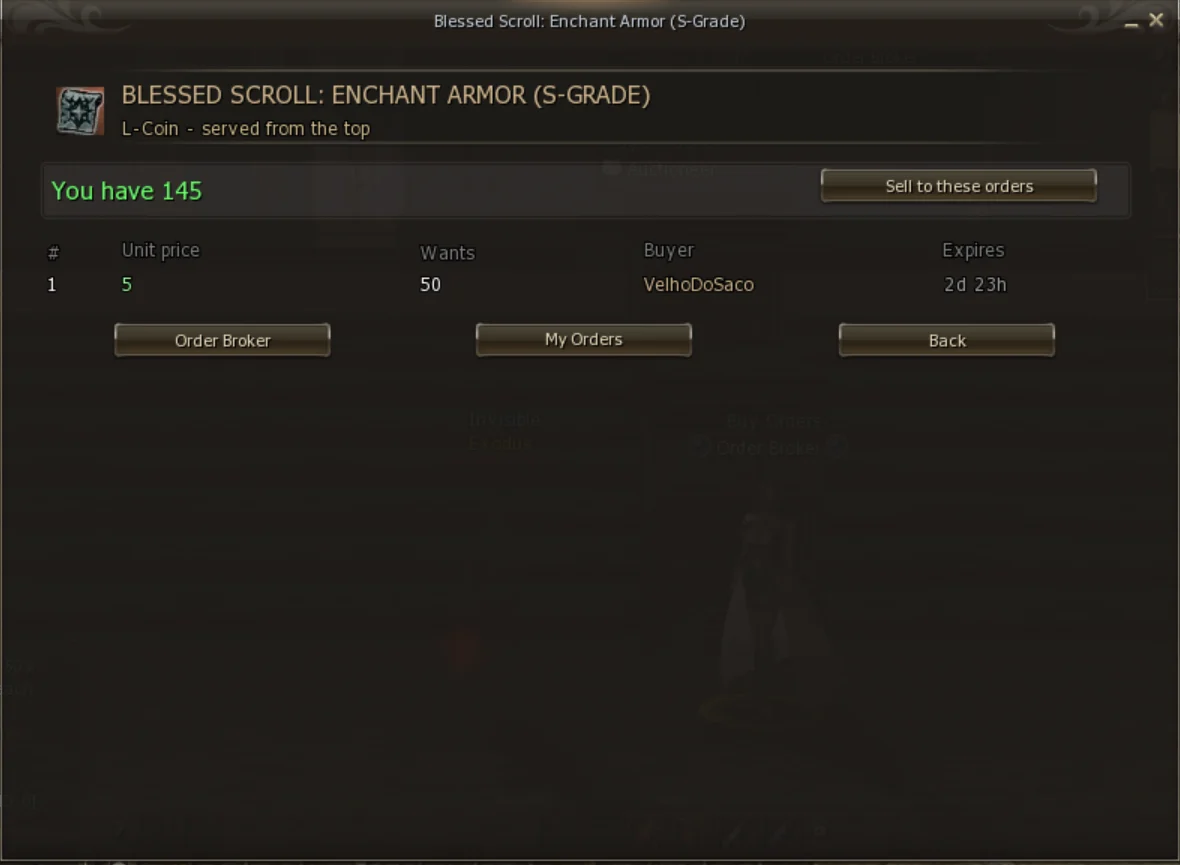 Item order book with price, quantity, buyer and time left
