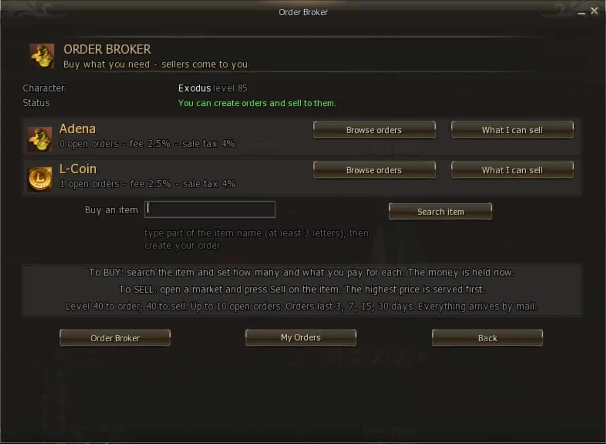Order Broker home screen with the Adena and L-Coin markets