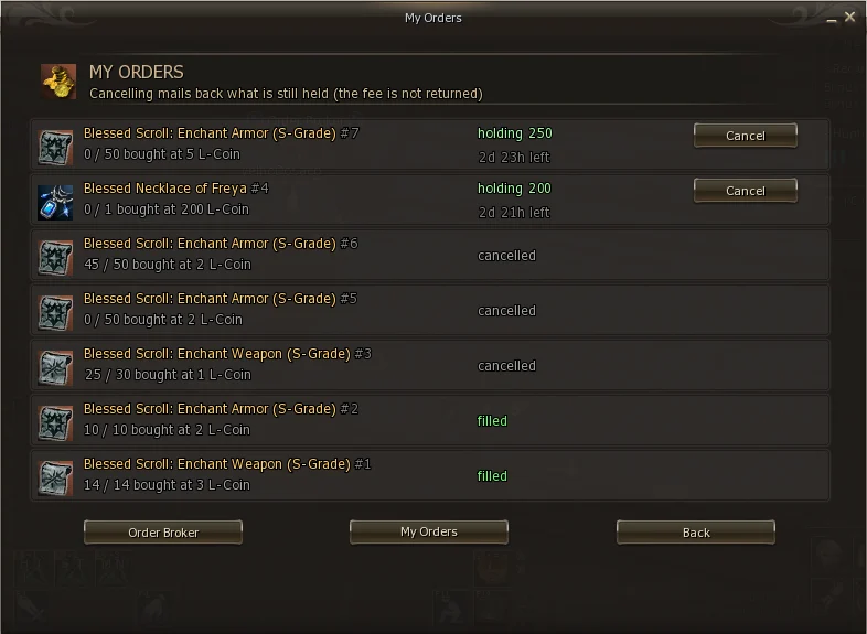 List of your own orders: open with held balance, filled and cancelled