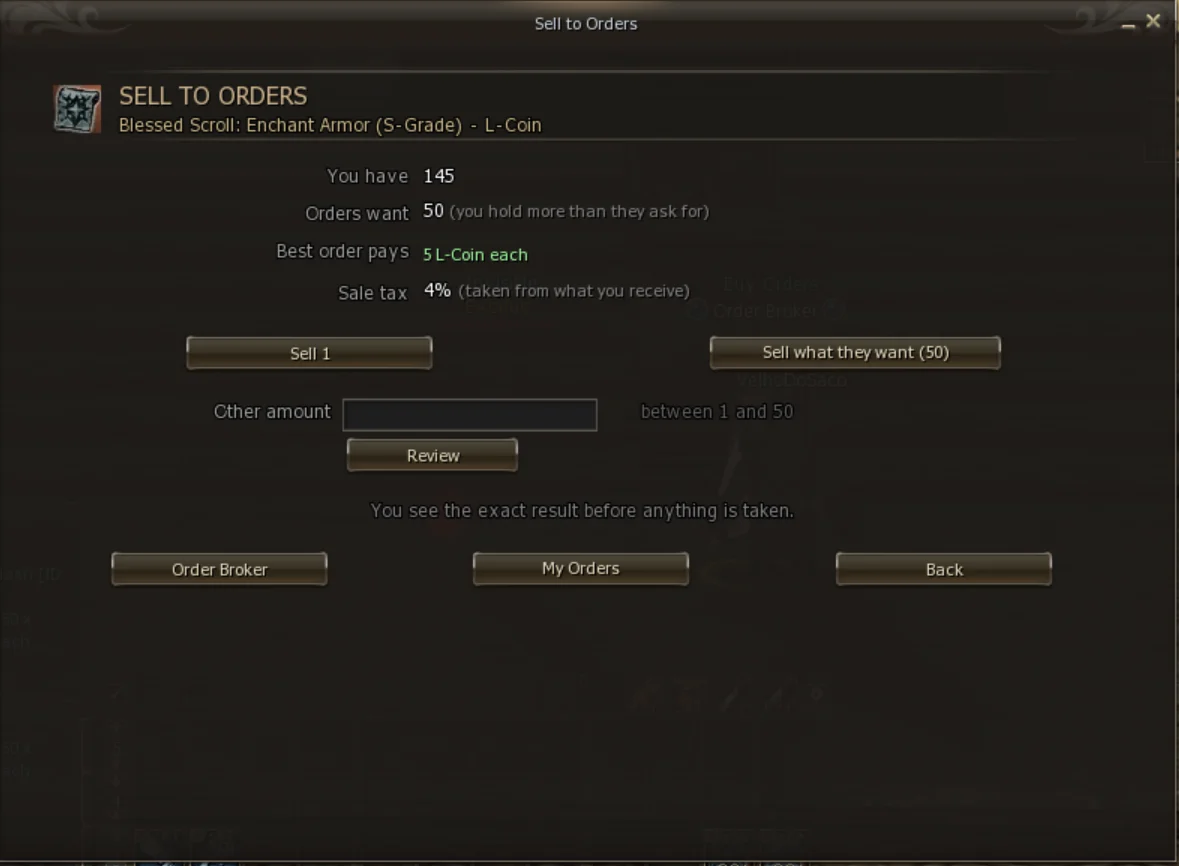 Sale screen with how many you have, how many the orders want, best price and tax