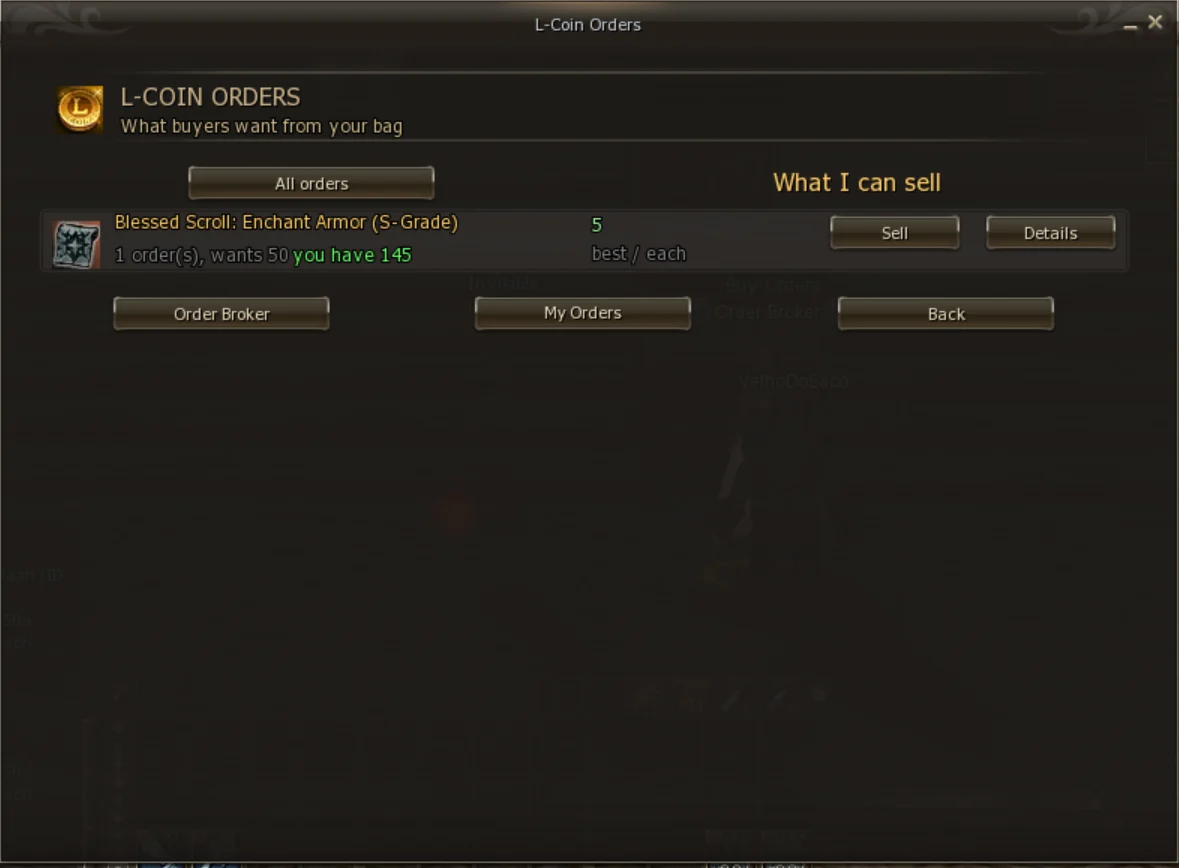What I can sell mode, with only the item the player has