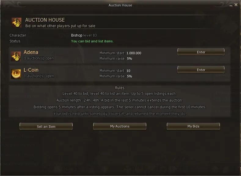 Auction main screen with the two houses