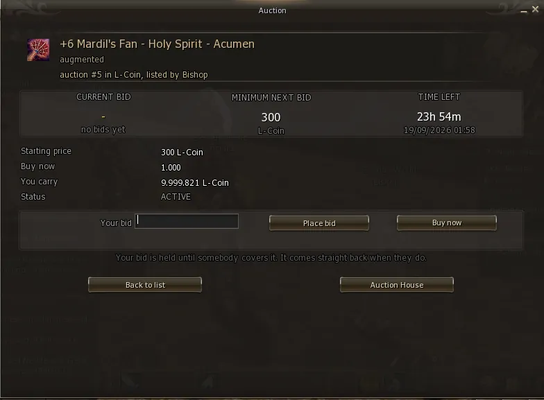 Item screen with the bid box available