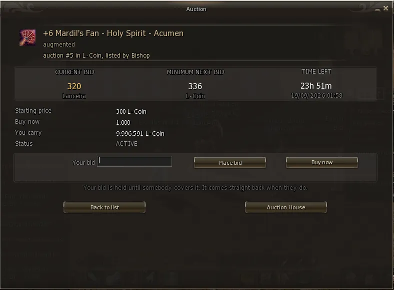 Item with a bid of 320 and a minimum next bid of 336