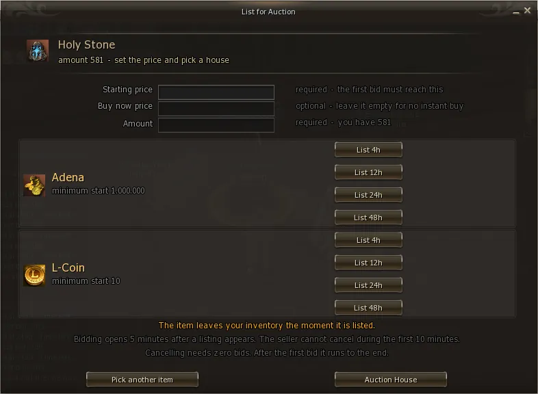 Listing form for a stackable item, with the Amount field
