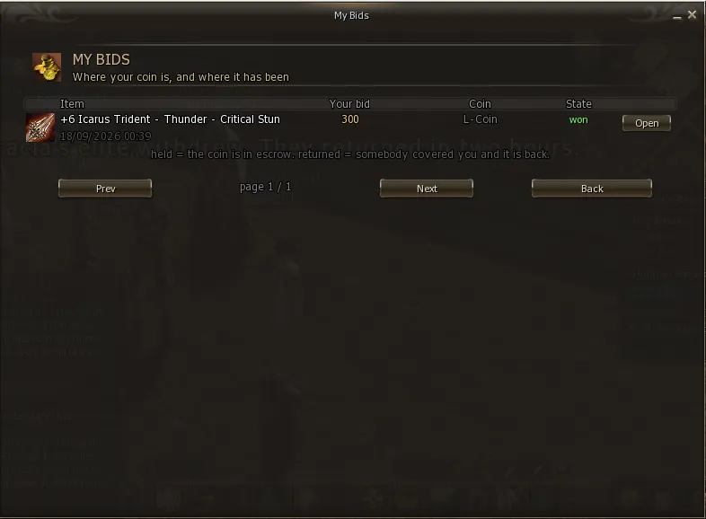History of your own bids with the state of each