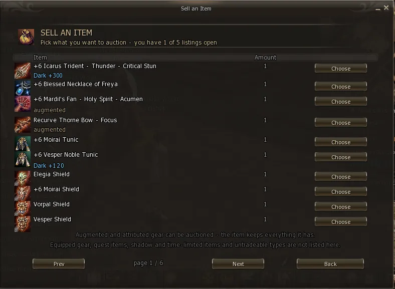 List of inventory items that can be auctioned